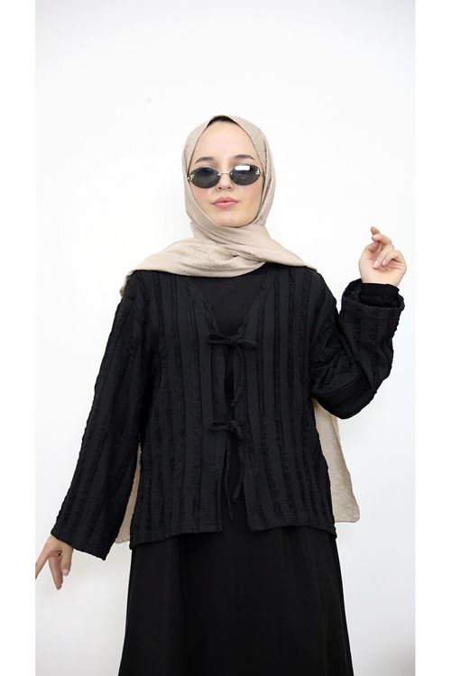 TUN05925-SYH Pileli Ön İki Bağlamalı Tunik-Siyah