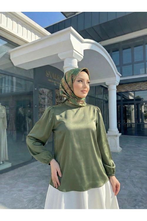 TUN05944-HKİ Arka Fermuar Detay Saten Tunik-Haki