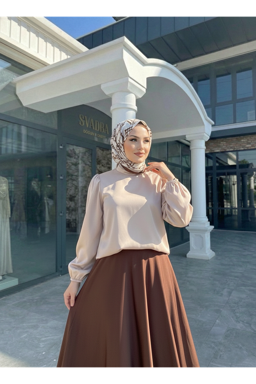 TUN05944-TAŞ Arka Fermuar Detay Saten Tunik-Taş