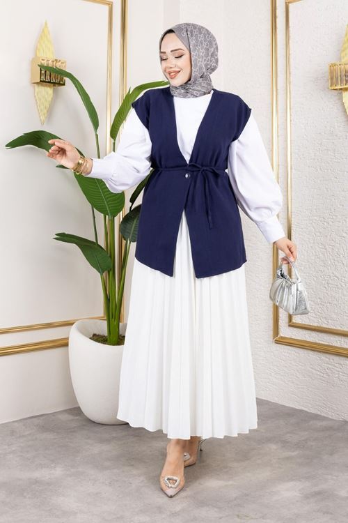 YEL00872-LCV Tek Düğme Keten Yelek-Lacivert