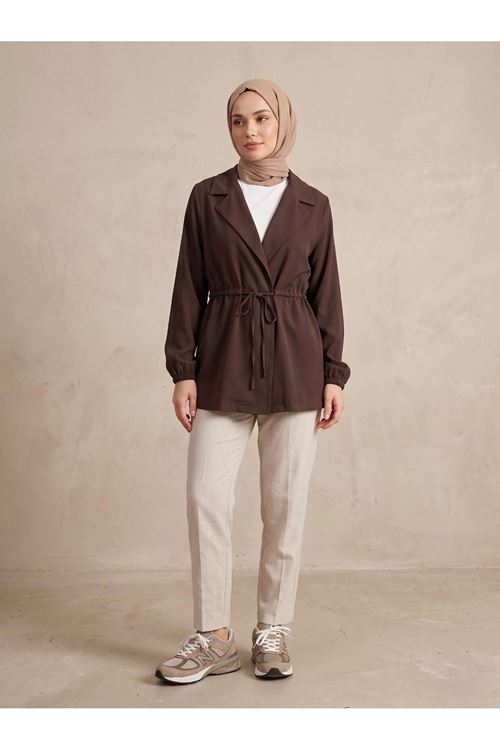 CKT01789-KHV Beli Tünelli Kol Lastik Ceket-Kahve