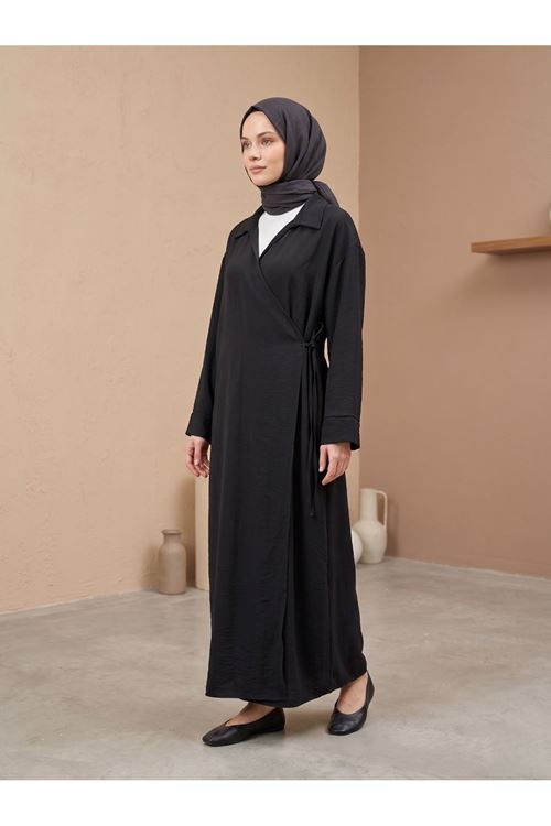 CKT01791-SYH Yakalı Yandan Bağlamalı Uzun Ceket-Siyah