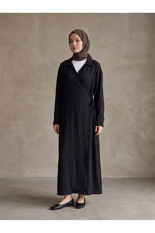 CKT01791-SYH Yakalı Yandan Bağlamalı Uzun Ceket-Siyah