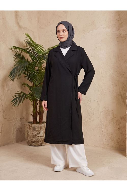 CKT01792-SYH Yakalı Yandan Bağlamalı Kısa Ceket-Siyah