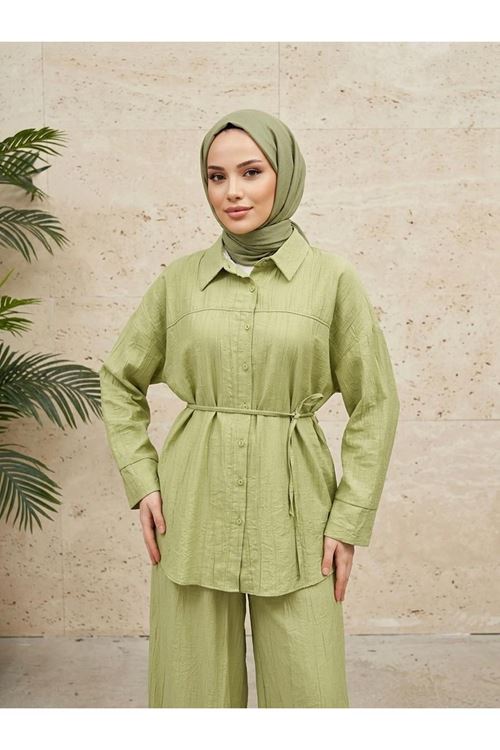 PİT00511-69 Ön Roba Detay Pantolonlu Takım-YAĞ YEŞİLİ