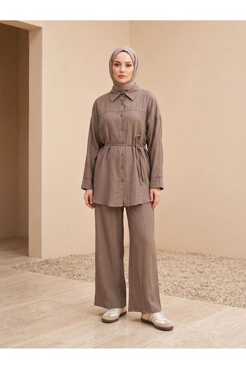 PİT00511-DMN Ön Roba Detay Pantolonlu Takım-Duman