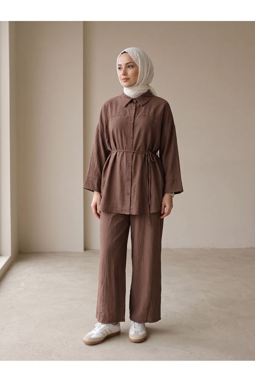 PİT00511-KHV Ön Roba Detay Pantolonlu Takım-Kahve