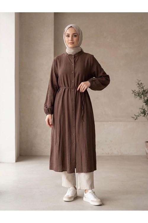 TUN05963-KHV Hakim Yaka Uzun Tunik-Kahve