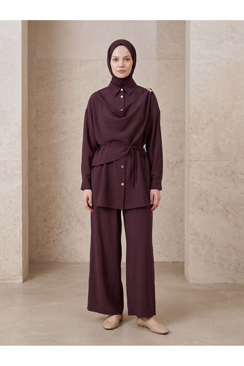 PİT00508-BRD Omuz Toka Detay Aller Pantolonlu Takım-Bordo