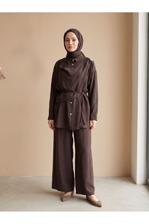 PİT00508-KHV Omuz Toka Detay Aller Pantolonlu Takım-Kahve