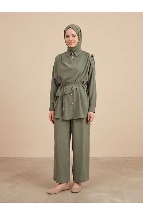 PİT00508-HKİ Omuz Toka Detay Aller Pantolonlu Takım-Haki