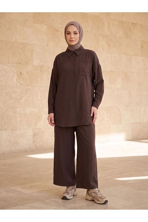PİT00510-KHV Cep Detay Pantolonlu Takım-Kahve