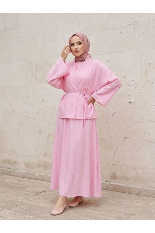 ELB04147-PMB İkili Çilek Elbise-Pembe