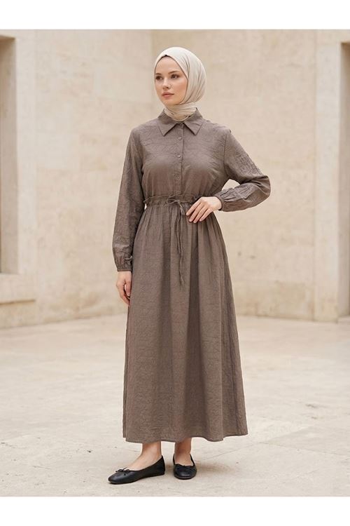 ELB04146-DMN Beli Tünelli Elbise-Duman