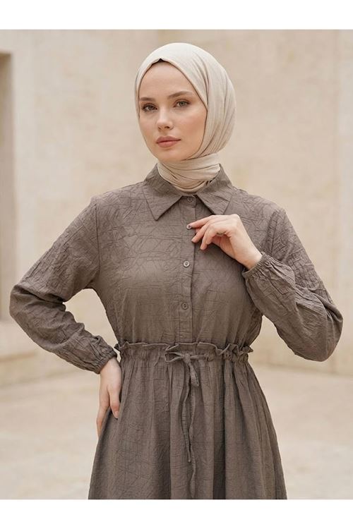 ELB04146-DMN Beli Tünelli Elbise-Duman