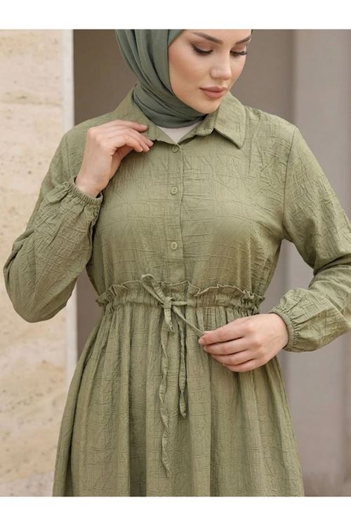 ELB04146-HKİ Beli Tünelli Elbise-Haki