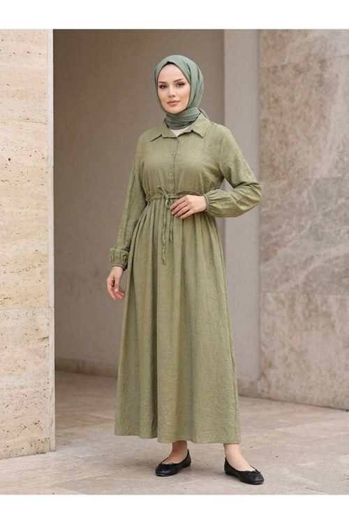ELB04146-HKİ Beli Tünelli Elbise-Haki