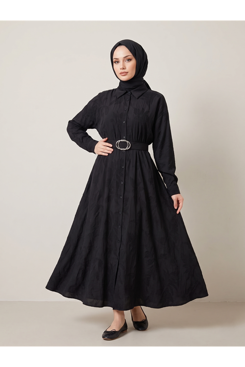 ELB04144-SYH Yakalı Patlı Elbise-Siyah