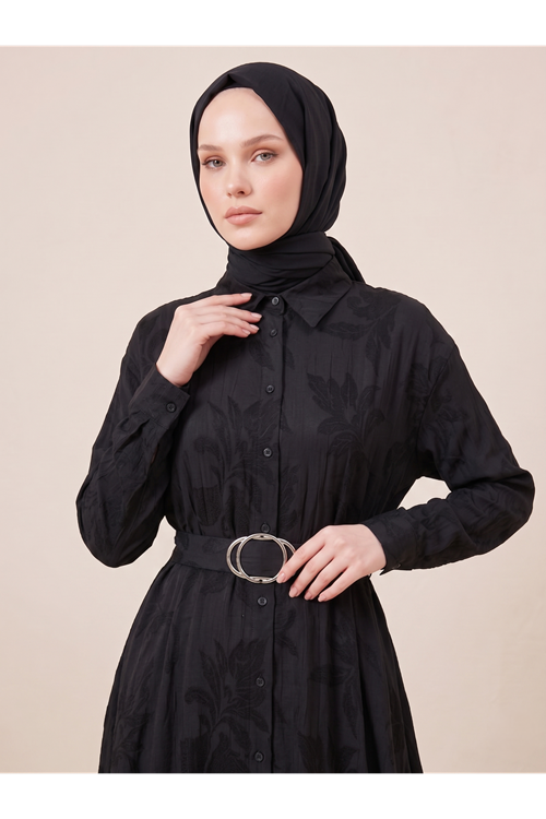 ELB04144-SYH Yakalı Patlı Elbise-Siyah