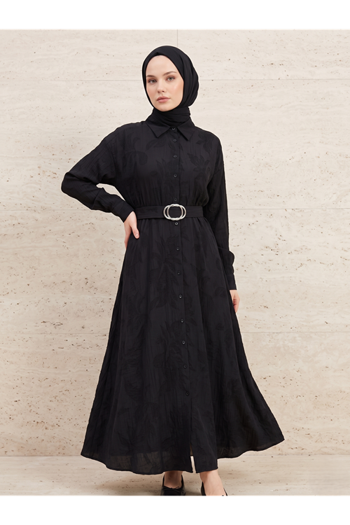 ELB04144-SYH Yakalı Patlı Elbise-Siyah