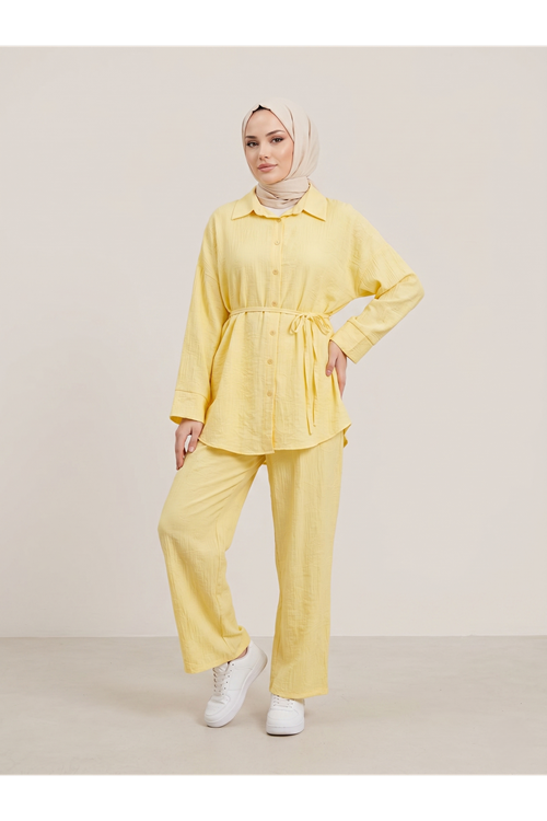 PİT00513-SRI Takma Manşet Pantolonlu Takım-Sarı