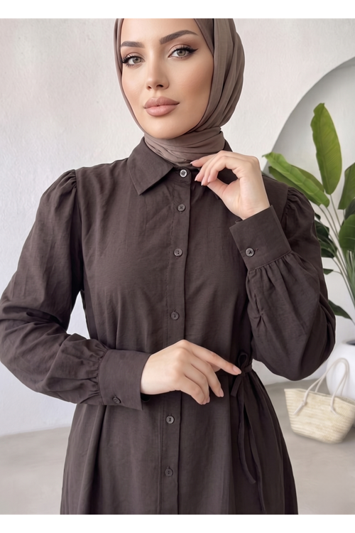 TUN05972-KHV Yakalı Uzun Kupra Tunik-Kahve
