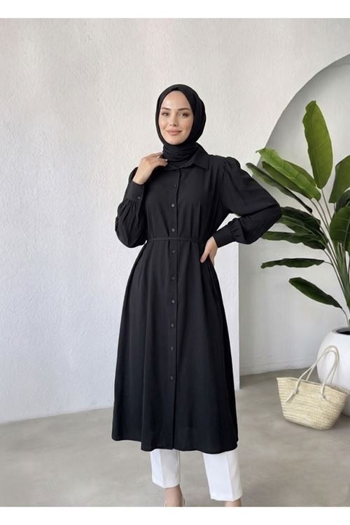 TUN05972-SYH Yakalı Uzun Kupra Tunik-Siyah
