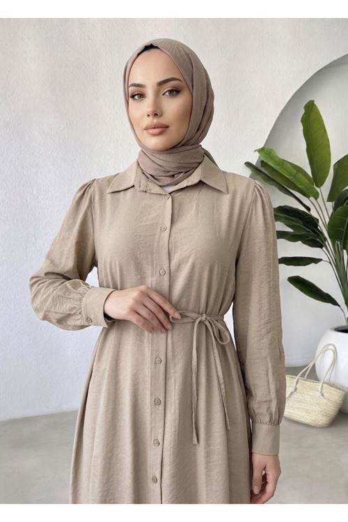 TUN05972-VİZ Yakalı Uzun Kupra Tunik-Vizon