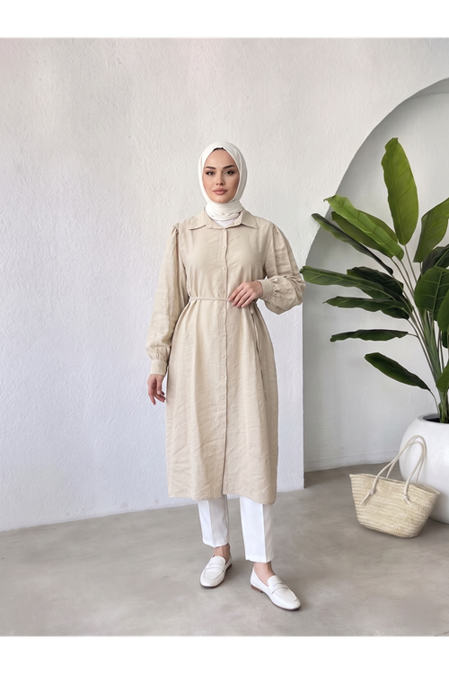 TUN05972-TAŞ Yakalı Uzun Kupra Tunik-Taş