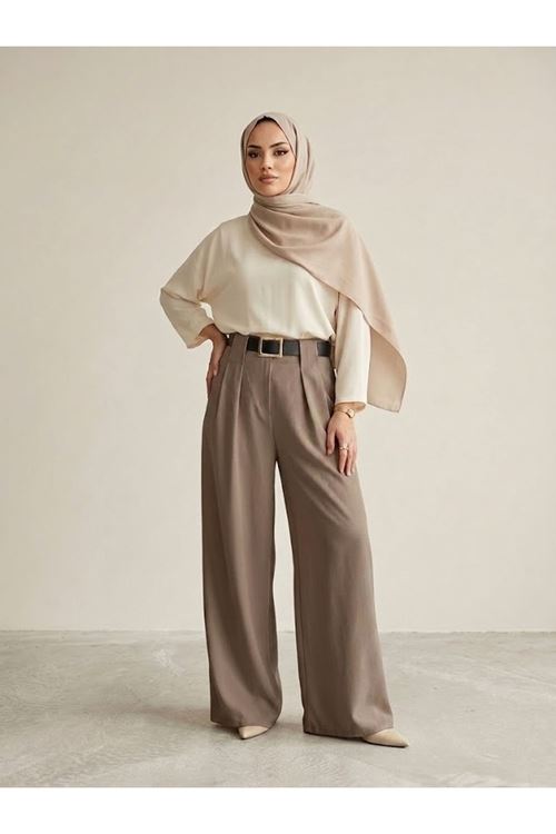 PNT01566-DMN Pileli Kemer Detay Pantolon-Duman