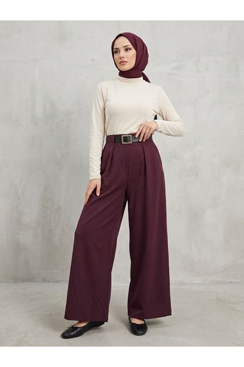 PNT01566-BRD Pileli Kemer Detay Pantolon-Bordo