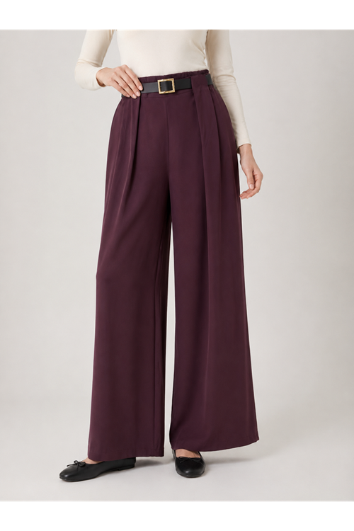 PNT01566-BRD Pileli Kemer Detay Pantolon-Bordo