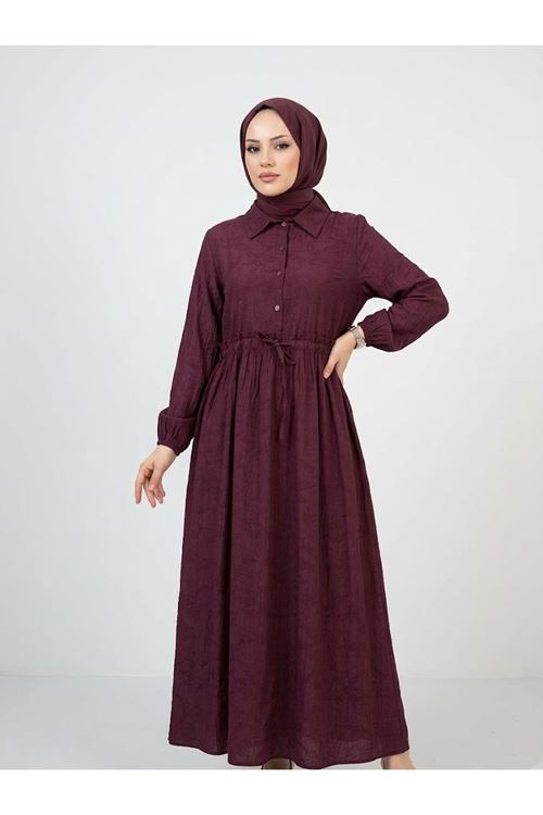 ELB04145-BRD Bel Fırfır Detay Yarım Pat Elbise-Bordo