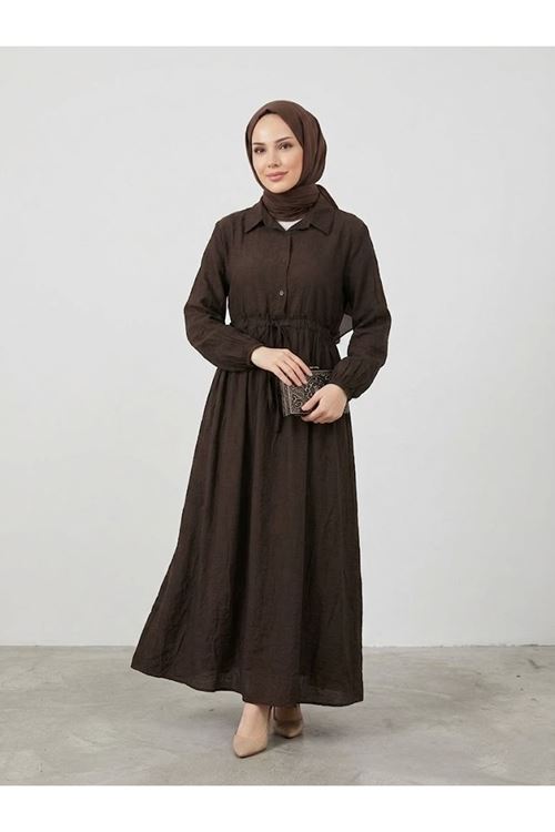 ELB04145-KHV Bel Fırfır Detay Yarım Pat Elbise-Kahve
