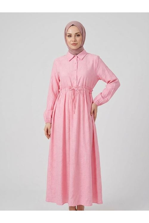ELB04145-PMB Bel Fırfır Detay Yarım Pat Elbise-Pembe