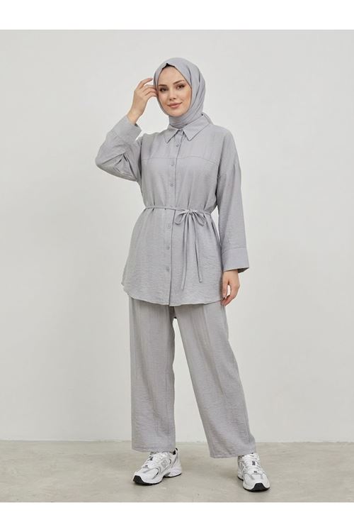 PİT00517-84 Roba Detay Pantolonlu Çilek Takım-Açık Gri