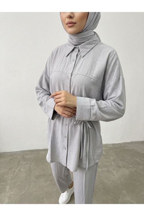 PİT00517-84 Roba Detay Pantolonlu Çilek Takım-Açık Gri