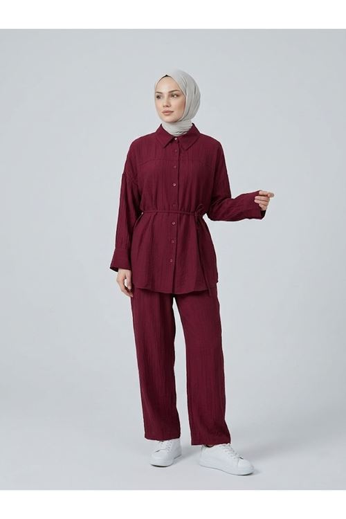 PİT00517-BRD Roba Detay Pantolonlu Çilek Takım-Bordo