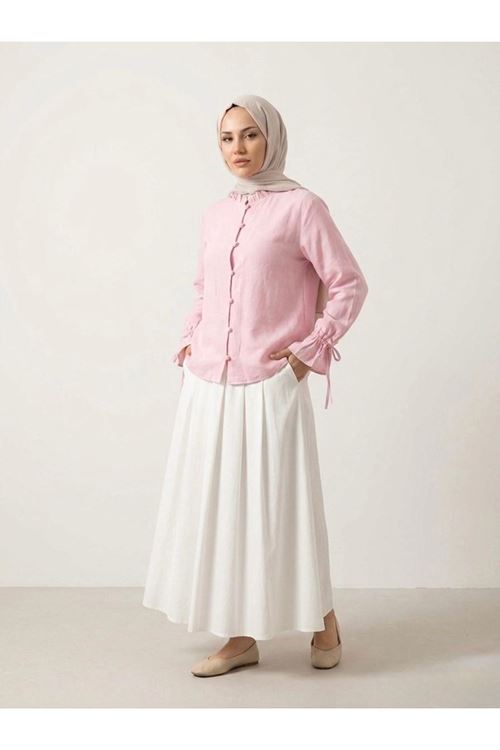 TUN05975-PMB Kol Tünel Yaka Fırfır Tunik-Pembe