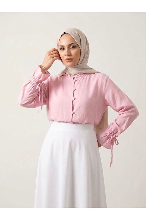 TUN05975-PMB Kol Tünel Yaka Fırfır Tunik-Pembe