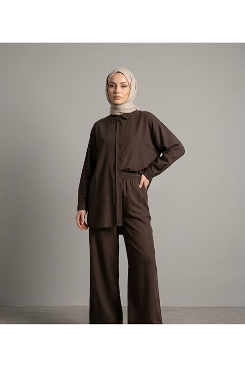 PİT00516-KHV Arka Roba Detay Pantolonlu Takım-Kahve