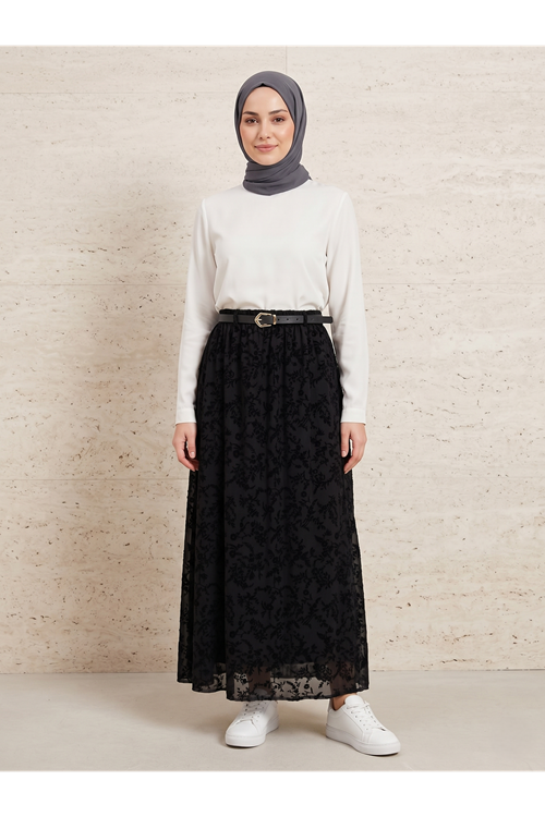 MOE03058-SYH Flok Baskı Etek-Siyah