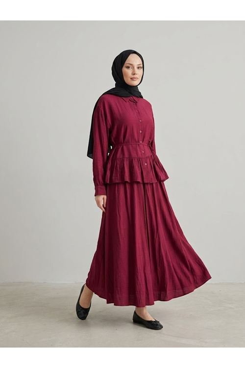 EİT00122-BRD Büzgülü Etekli Çilek Takım-Bordo
