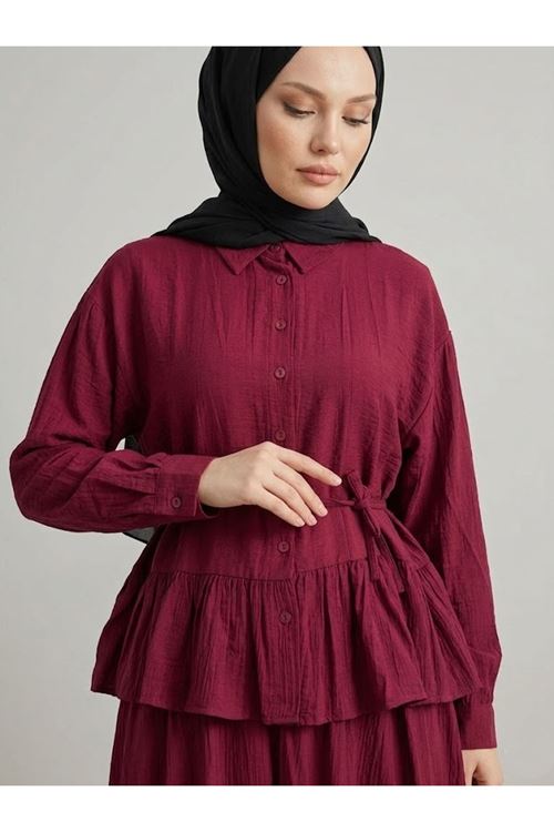EİT00122-BRD Büzgülü Etekli Çilek Takım-Bordo