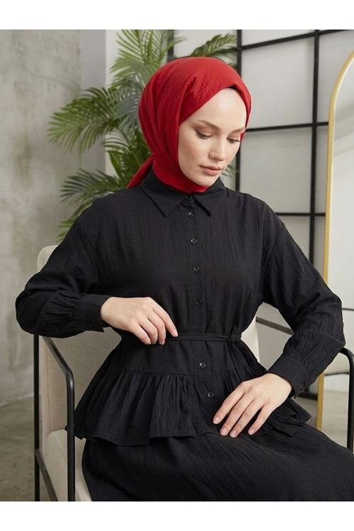 EİT00122-SYH Büzgülü Etekli Çilek Takım-Siyah