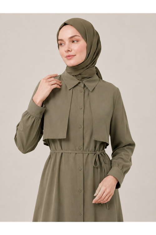 ELB04149-HKİ Aller Detay Patlı Elbise-Haki