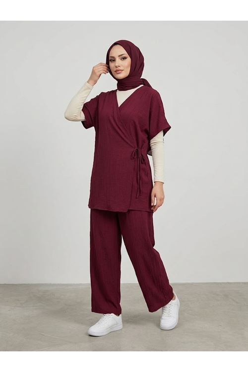 PİT00518-BRD Yan Bağlamalı Yelekli Takım-Bordo