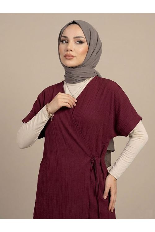 PİT00518-BRD Yan Bağlamalı Yelekli Takım-Bordo