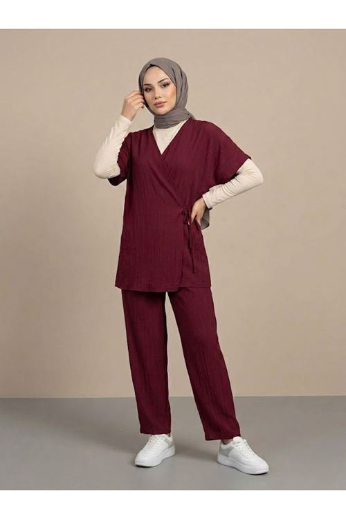 PİT00518-BRD Yan Bağlamalı Yelekli Takım-Bordo