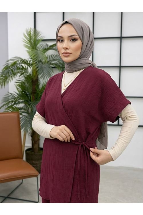 PİT00518-BRD Yan Bağlamalı Yelekli Takım-Bordo